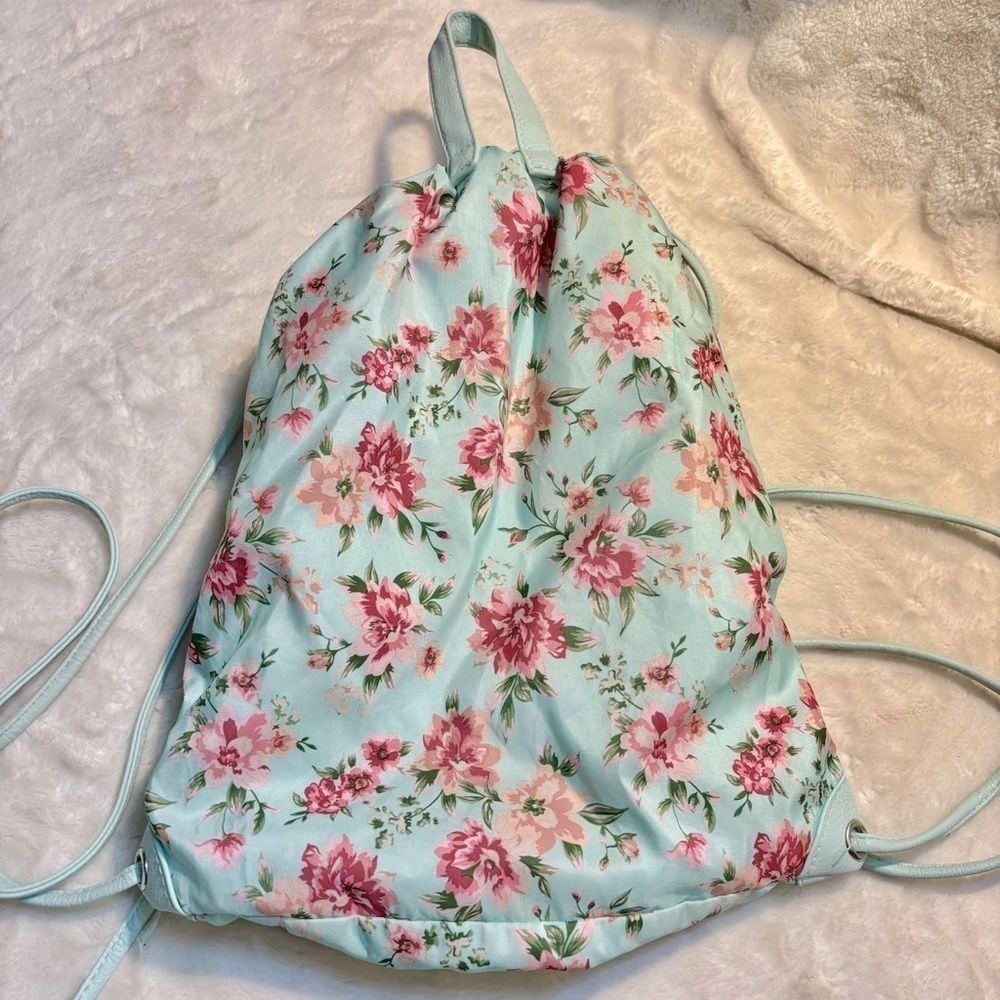 Floral Rucksack Seafoam Floral Pink Green Back Zip Drawstring Close Ties